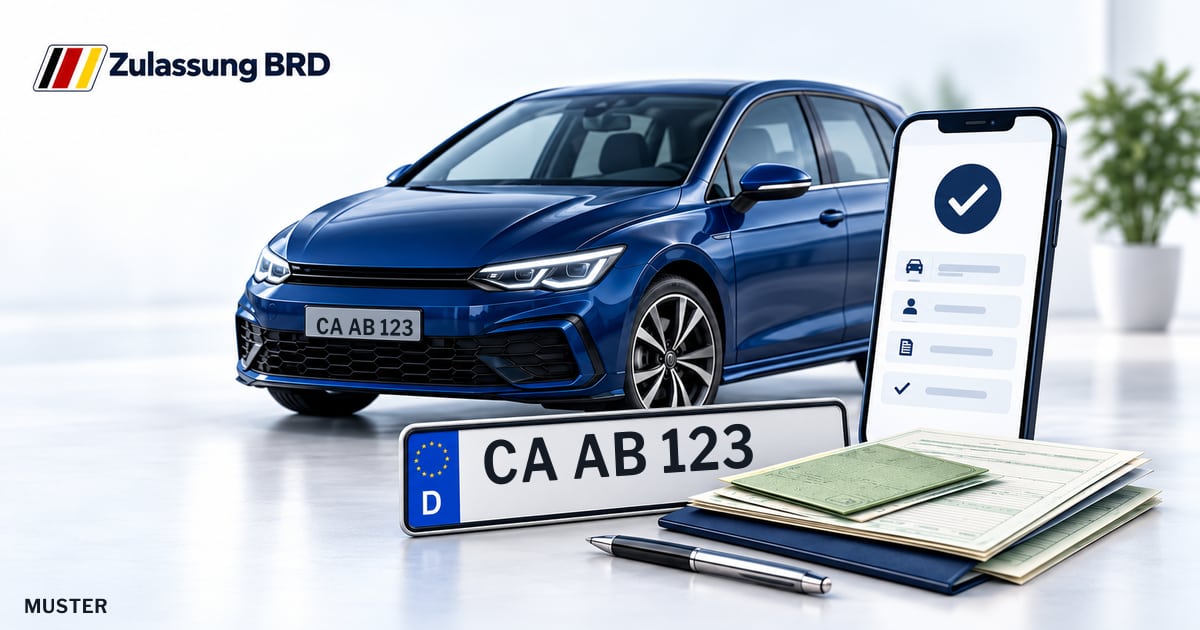 Online Fahrzeugzulassung in Senftenberg/Zły Komorow: Musterkennzeichen CA AB 123, Auto und Fahrzeugpapiere und Smartphone. Illustration mit Logo von Zulassung BRD.